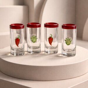 Set of 4 Shot Glasses from Mexico - Cactus and Red Chile Peppers  - New